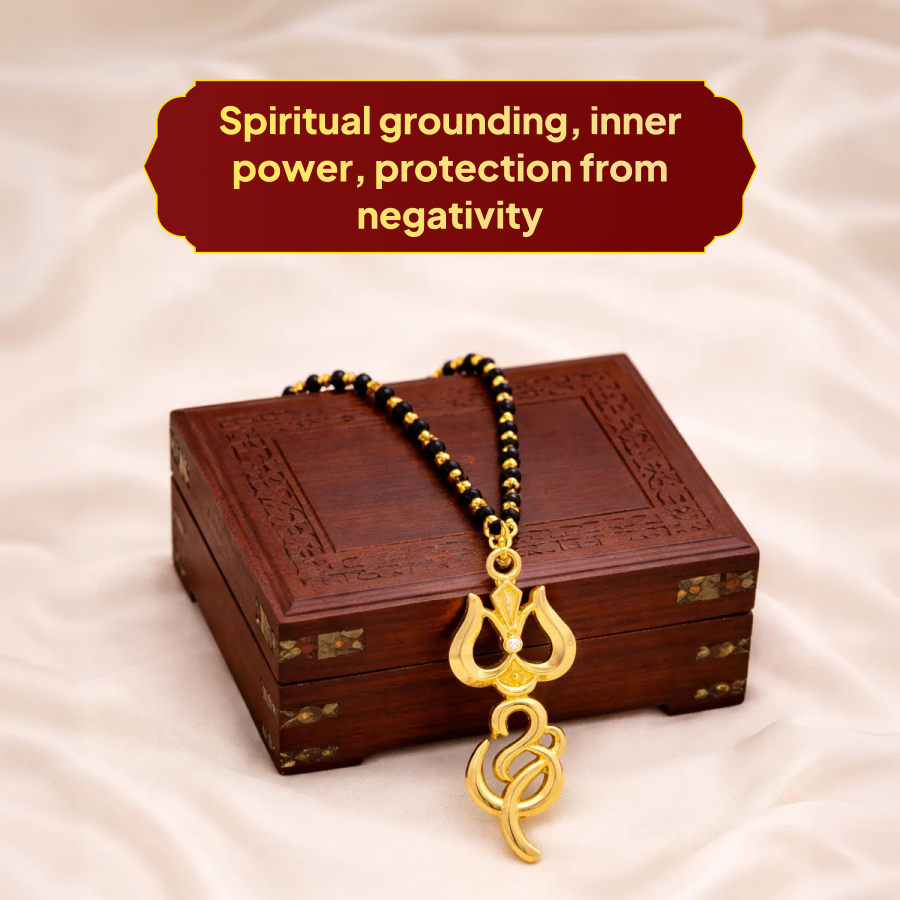 Karungali Gold Cap Mala with Om & Trishool Pendant