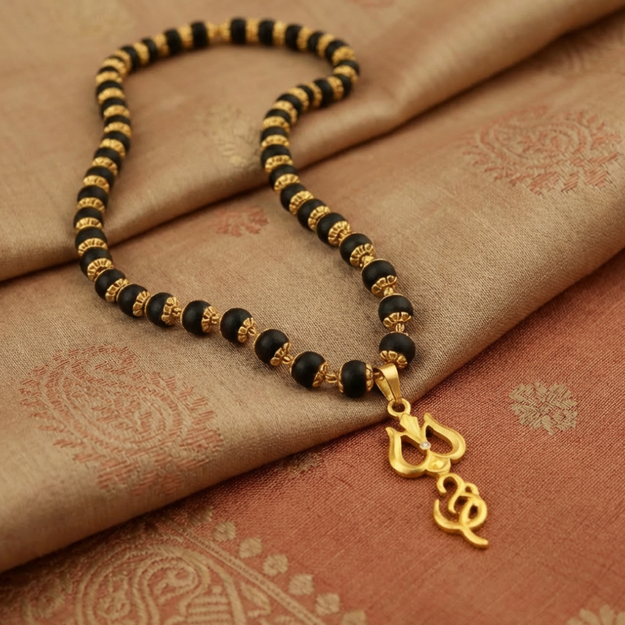 Karungali Gold Cap Mala with Om & Trishool Pendant
