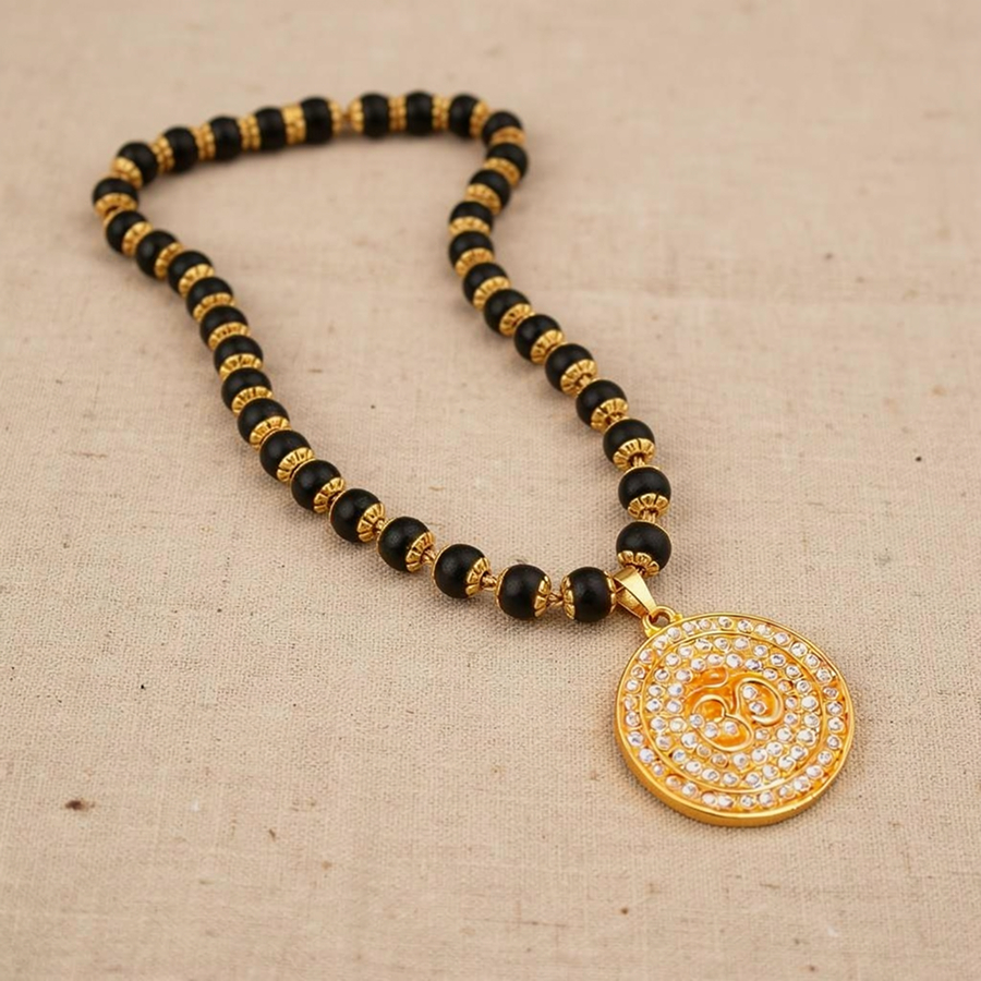 Karungali Gold Cap Mala with Om Pendant