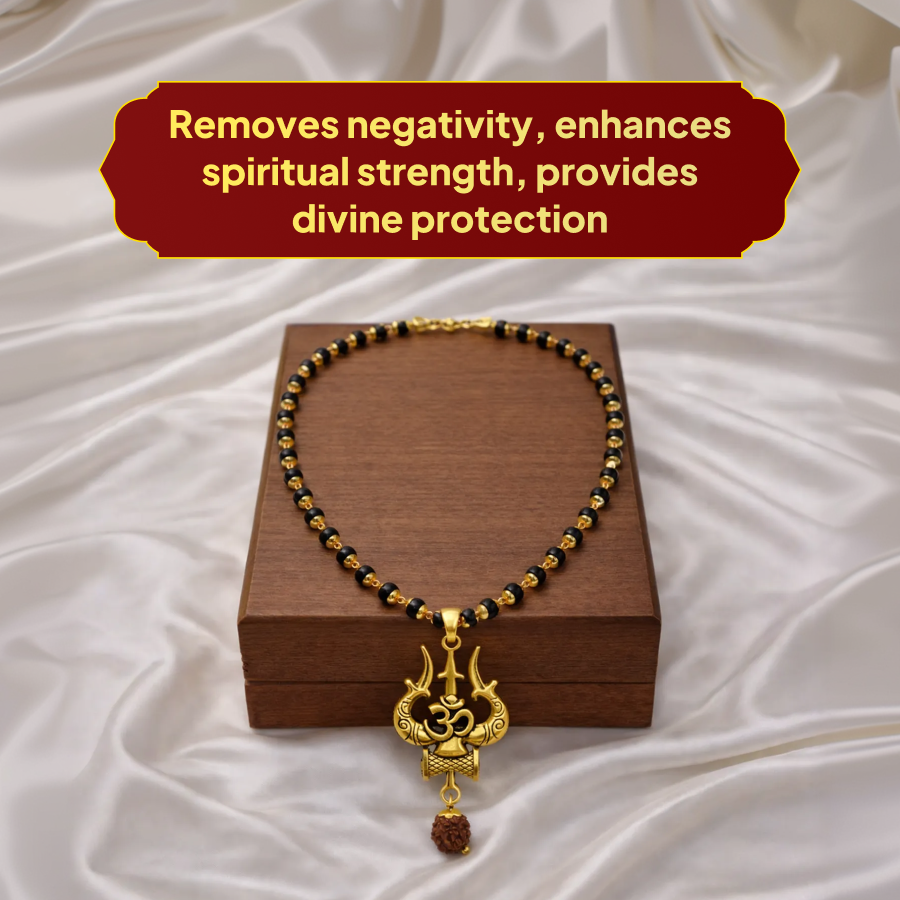 Karungali Gold Cap Mala with Om Trishool & Rudraksha Pendant