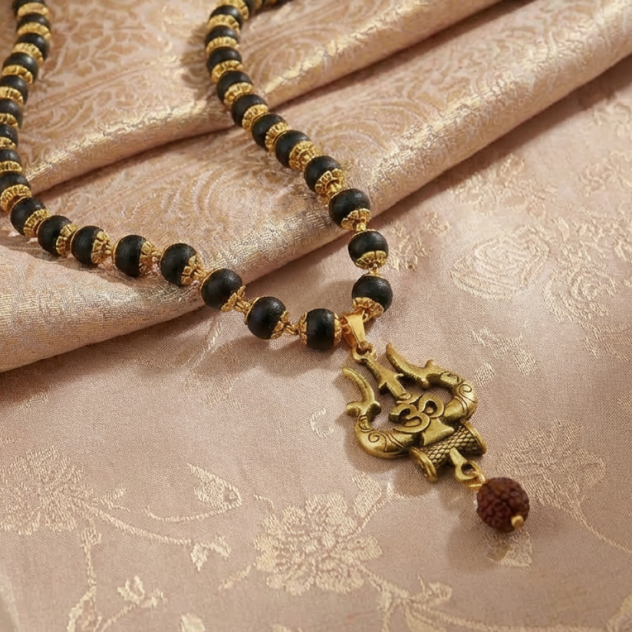 Karungali Gold Cap Mala with Om Trishool & Rudraksha Pendant