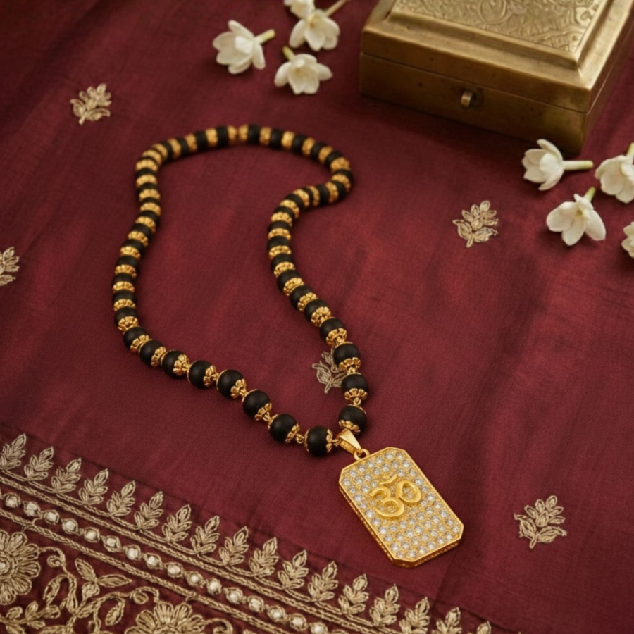 Karungali Gold Cap Mala with Om Yantra Pendant