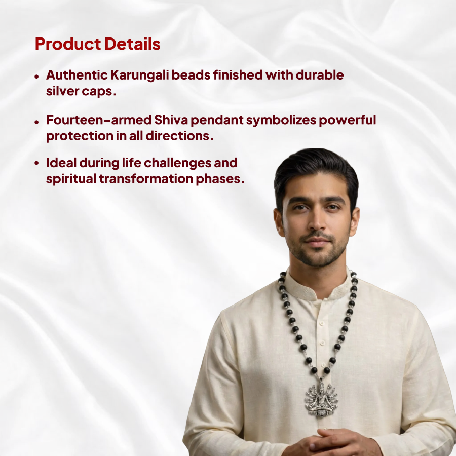 Karungali Silver Cap Mala with Fourteen Armed Lord Shiva Pendant