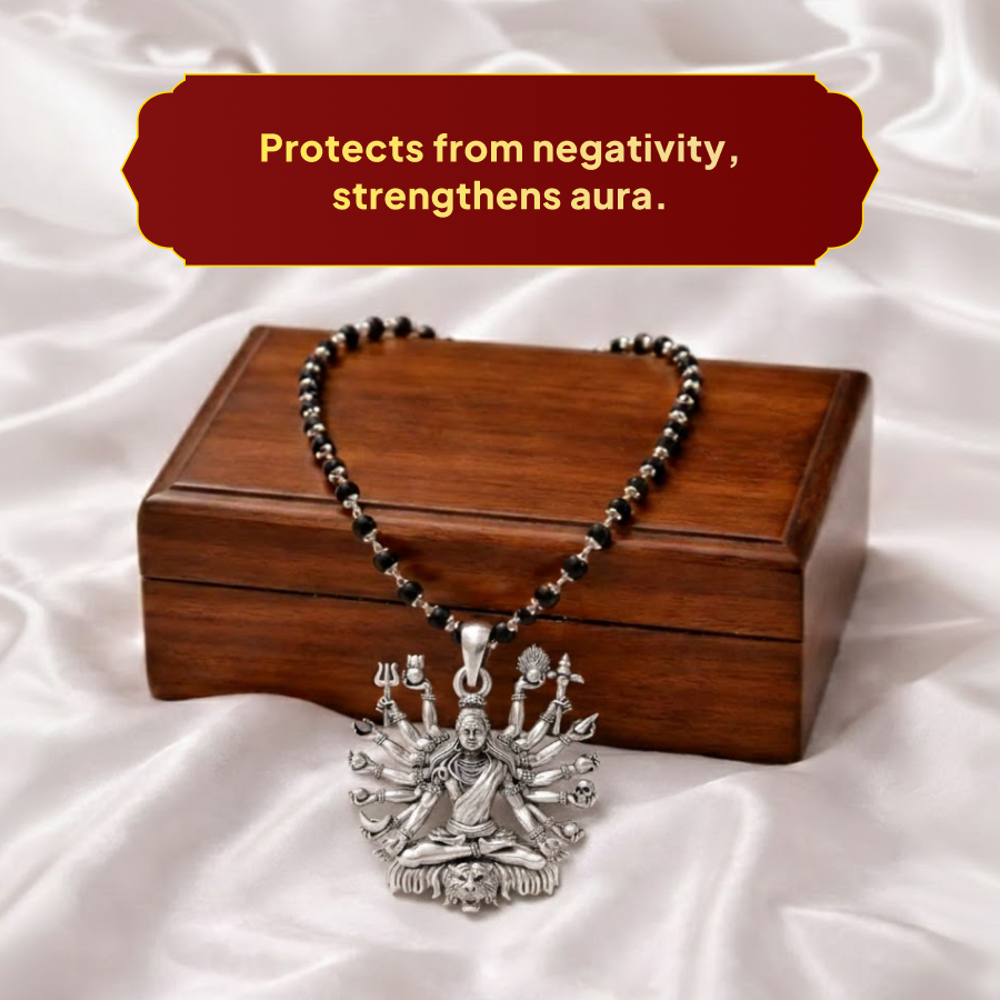 Karungali Silver Cap Mala with Fourteen Armed Lord Shiva Pendant