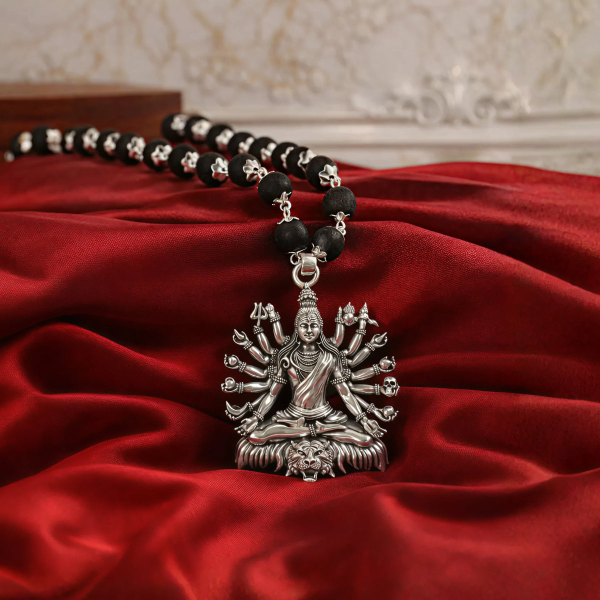 Karungali Silver Cap Mala with Fourteen Armed Lord Shiva Pendant