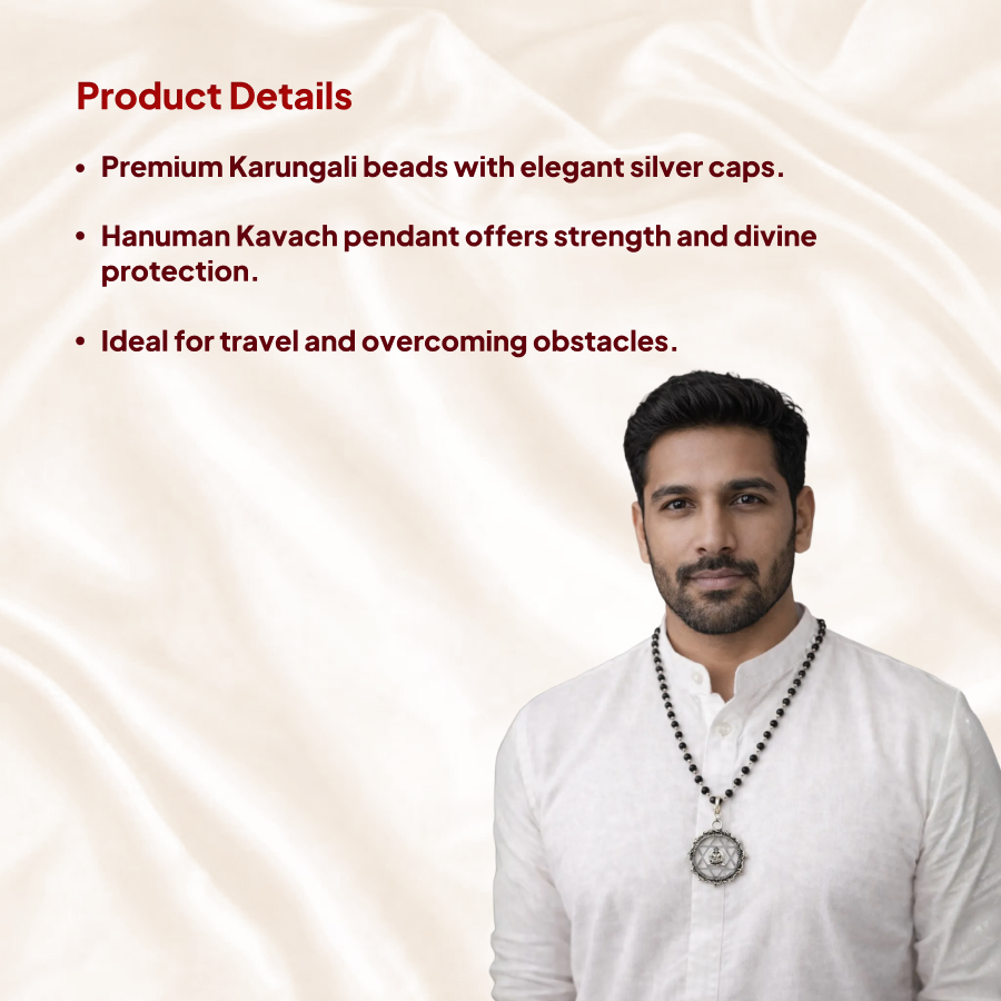Karungali Silver Cap Mala with Hanuman Kavach Pendant