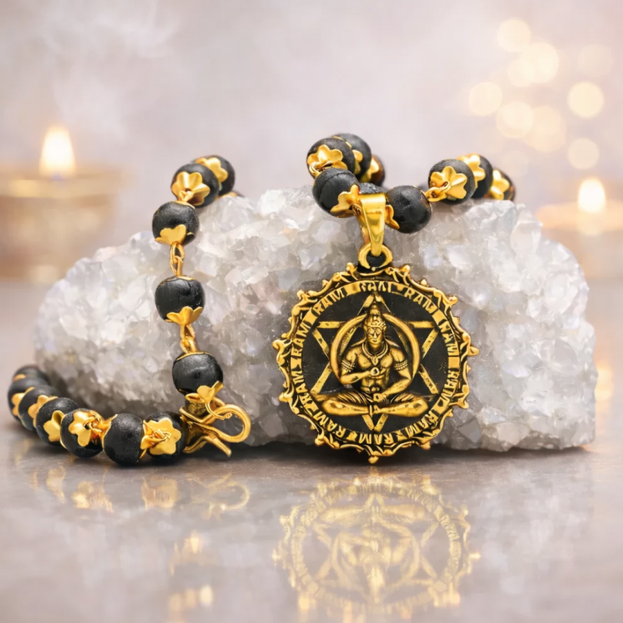 Karungali Gold Cap Mala with Hanuman Kavach Pendant