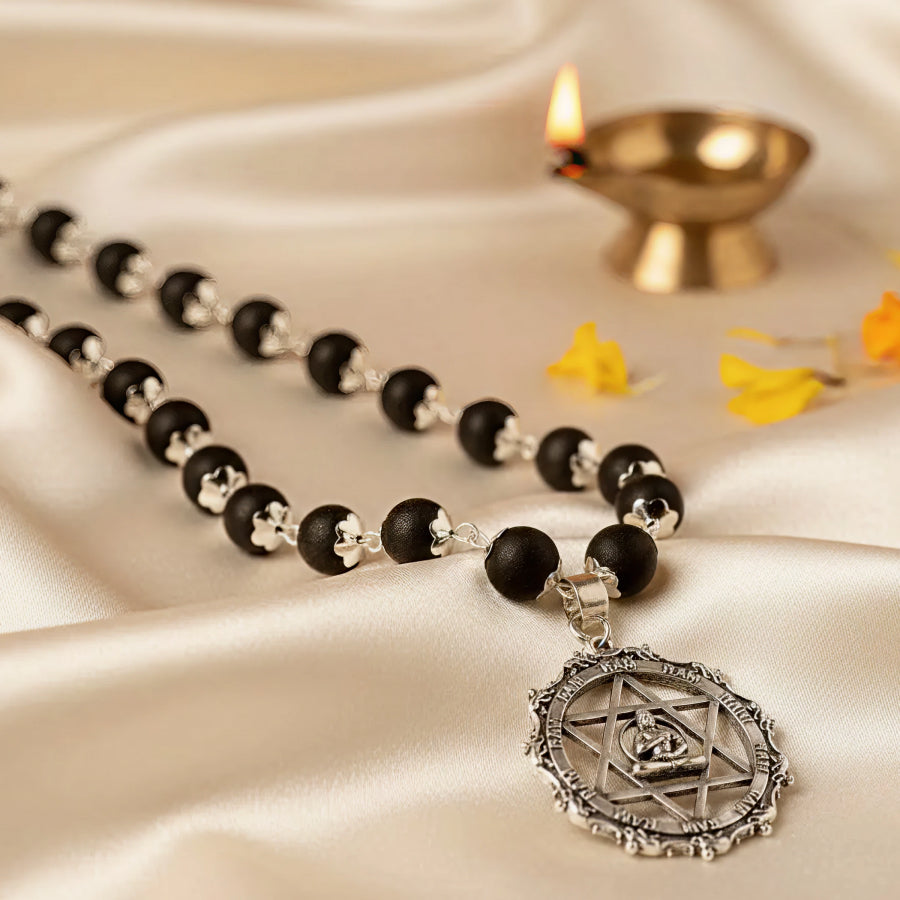 Karungali Silver Cap Mala with Hanuman Kavach Pendant