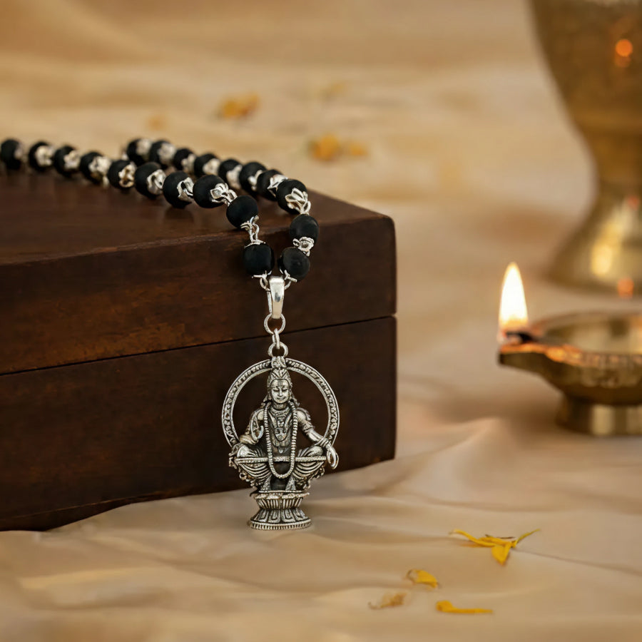 Karungali Silver Cap Mala with Lord Ayyappa Swamy Pendant