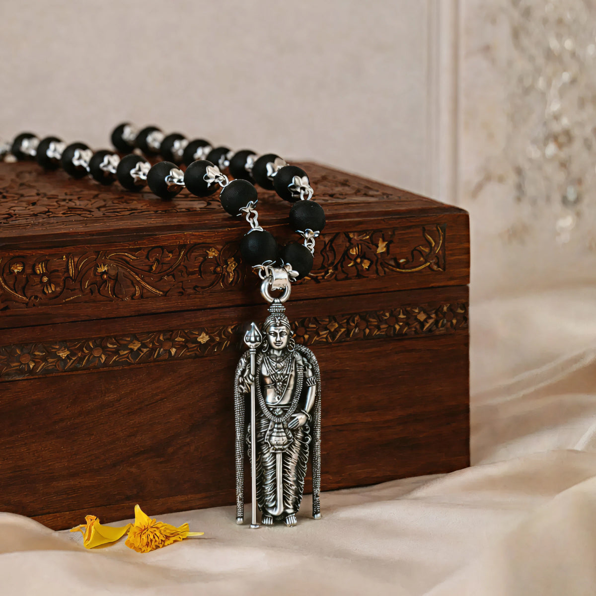 Karungali Silver Cap Mala with Lord Murugan Idol Pendant