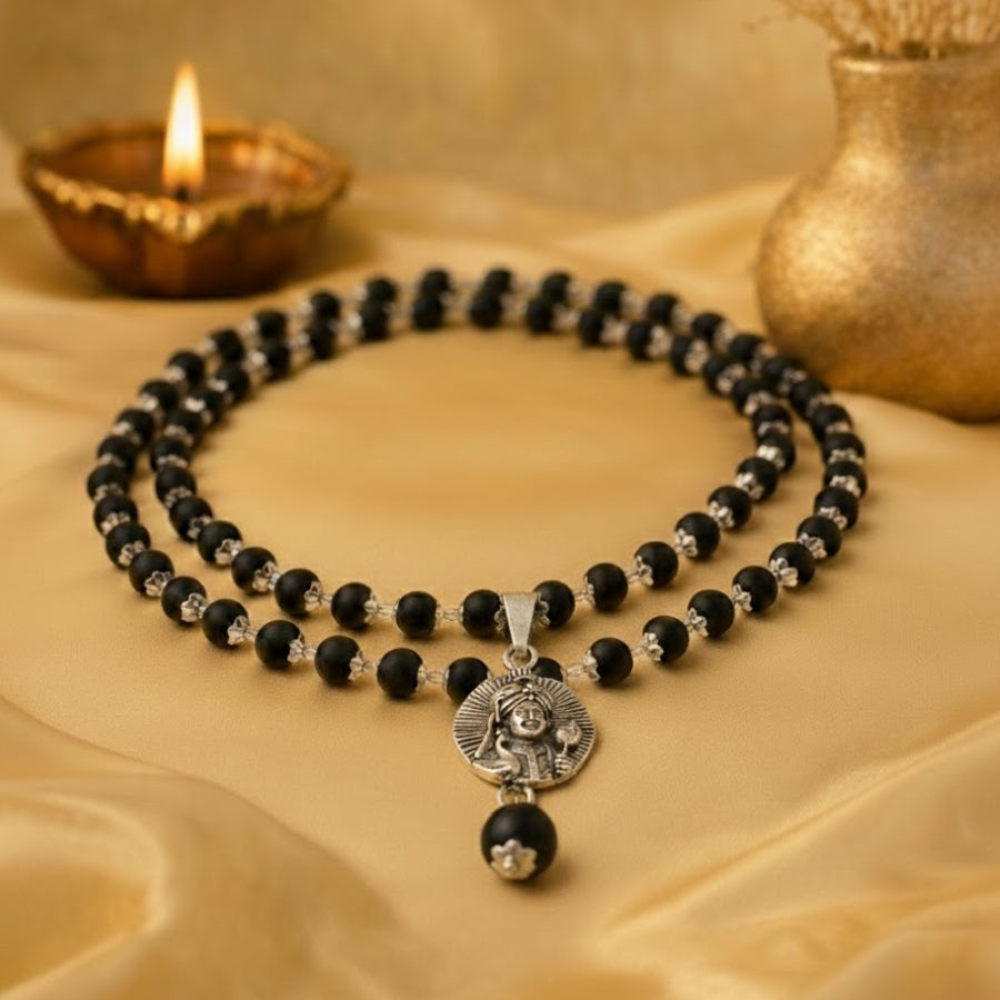 Karungali Silver Cap Mala with Lord Murugan with Karungali Bead Pendant