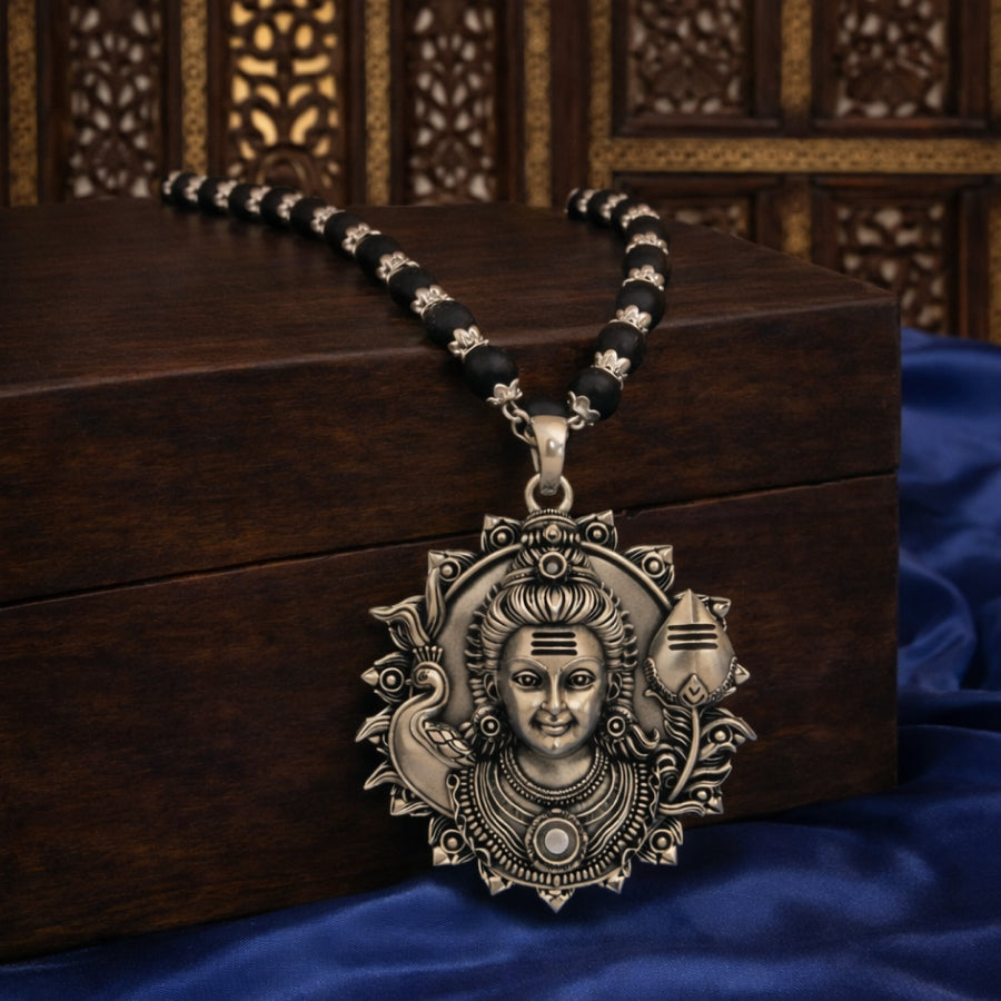Karungali Silver Cap Mala with Lord Murugan Yantra Pendant