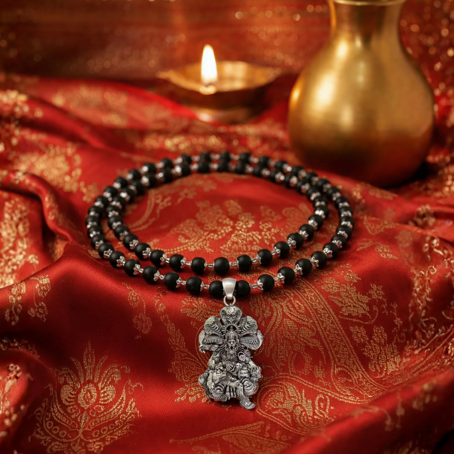 Karungali Silver Cap Mala with Lord Narasimha Pendant