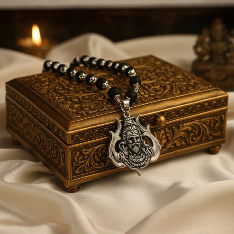 Karungali Silver Cap Mala with Mahadev Trishool Pendant