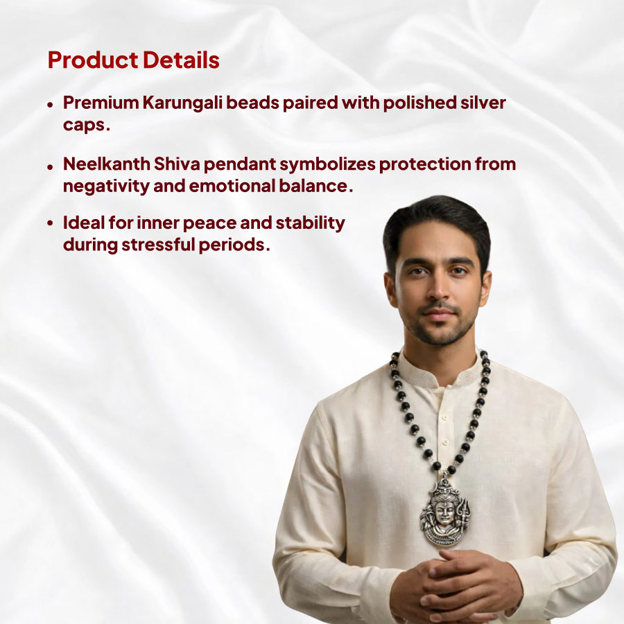 Karungali Silver Cap Mala with NeelKanth Shiva Pendant