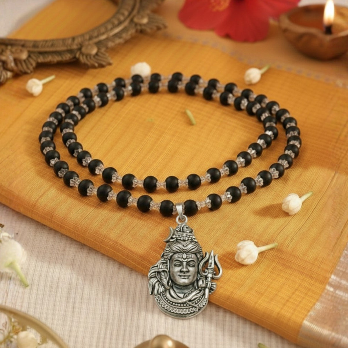Karungali Silver Cap Mala with NeelKanth Shiva Pendant