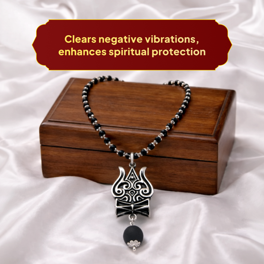 Karungali Silver Cap Mala with Shiv Trishool Damru Pendant