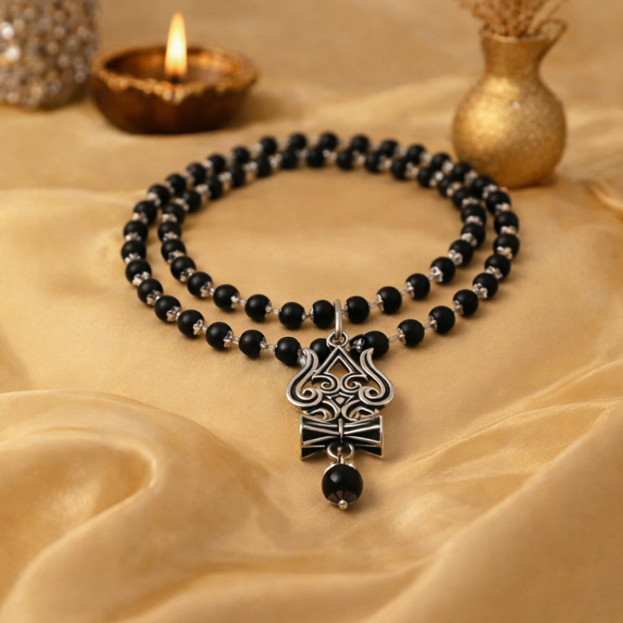 Karungali Silver Cap Mala with Shiv Trishool Damru Pendant