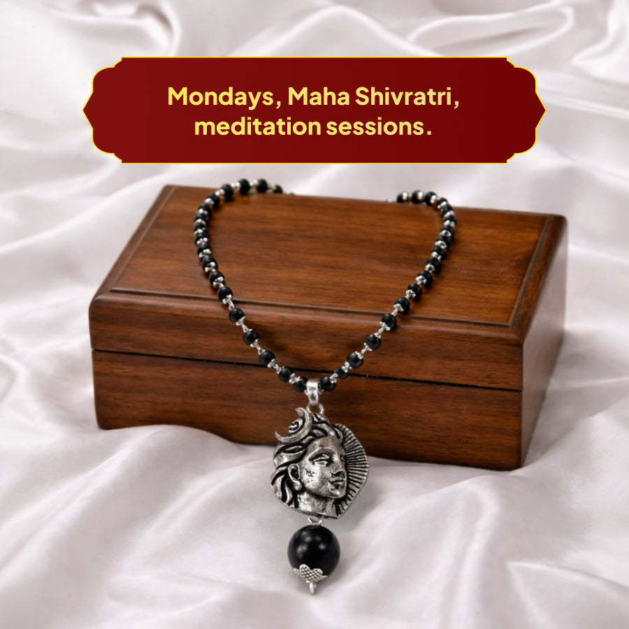 Karungali Silver Cap Mala with Shiva Dhyan Shakti Pendant