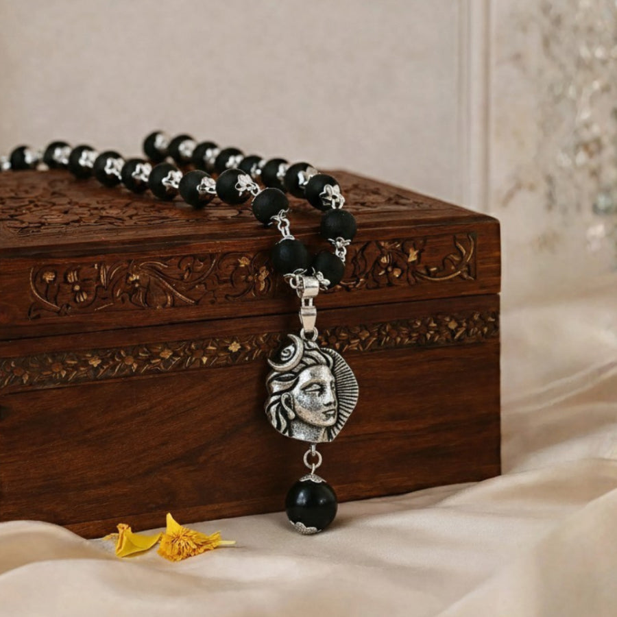 Karungali Silver Cap Mala with Shiva Dhyan Shakti Pendant