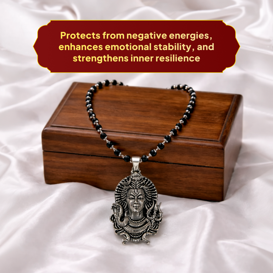 Karungali Silver Cap Mala with Shiva Naag Kavach Pendant