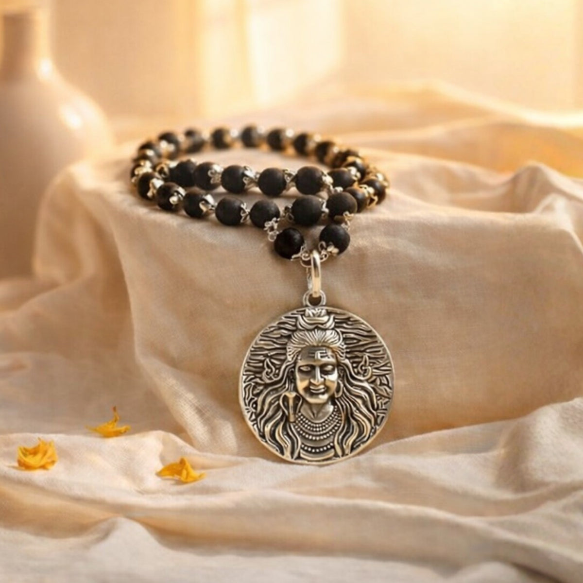 Karungali Silver Cap Mala with Shiv Pendant