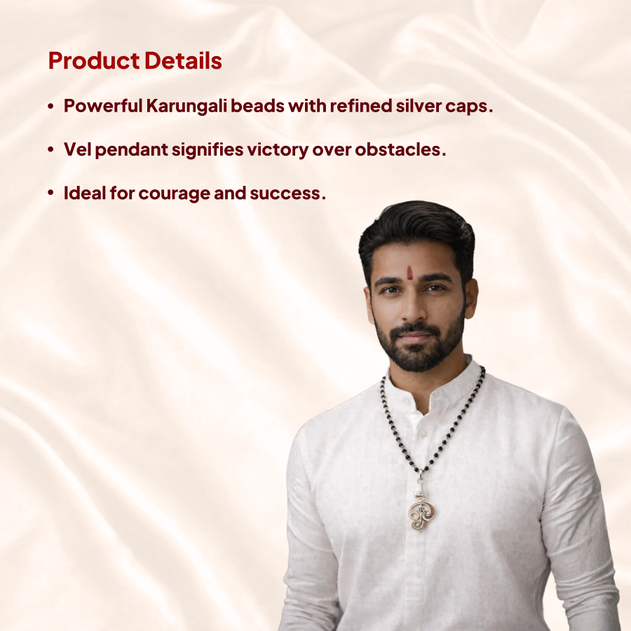 Karungali Silver Cap Mala with Vel Pendant