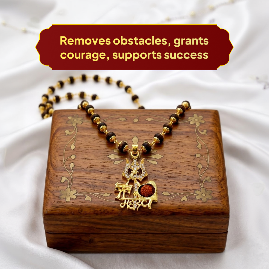 Karungali Gold Cap Mala with Mahadev Damru Trishool Pendant