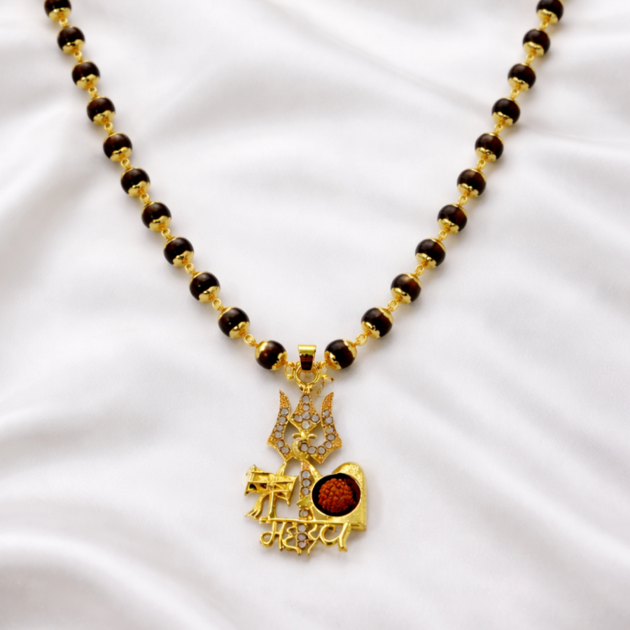 Karungali Gold Cap Mala with Mahadev Damru Trishool Pendant