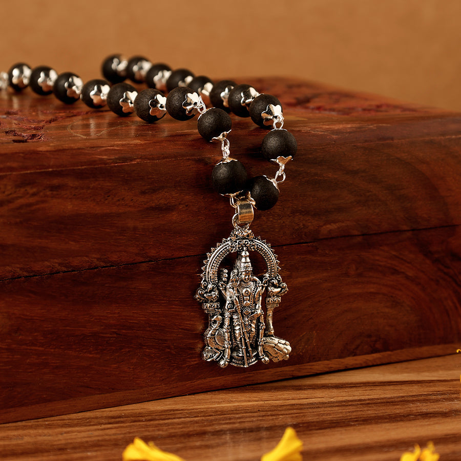 Karungali Silver Cap Mala with Lord Murugan Pendant