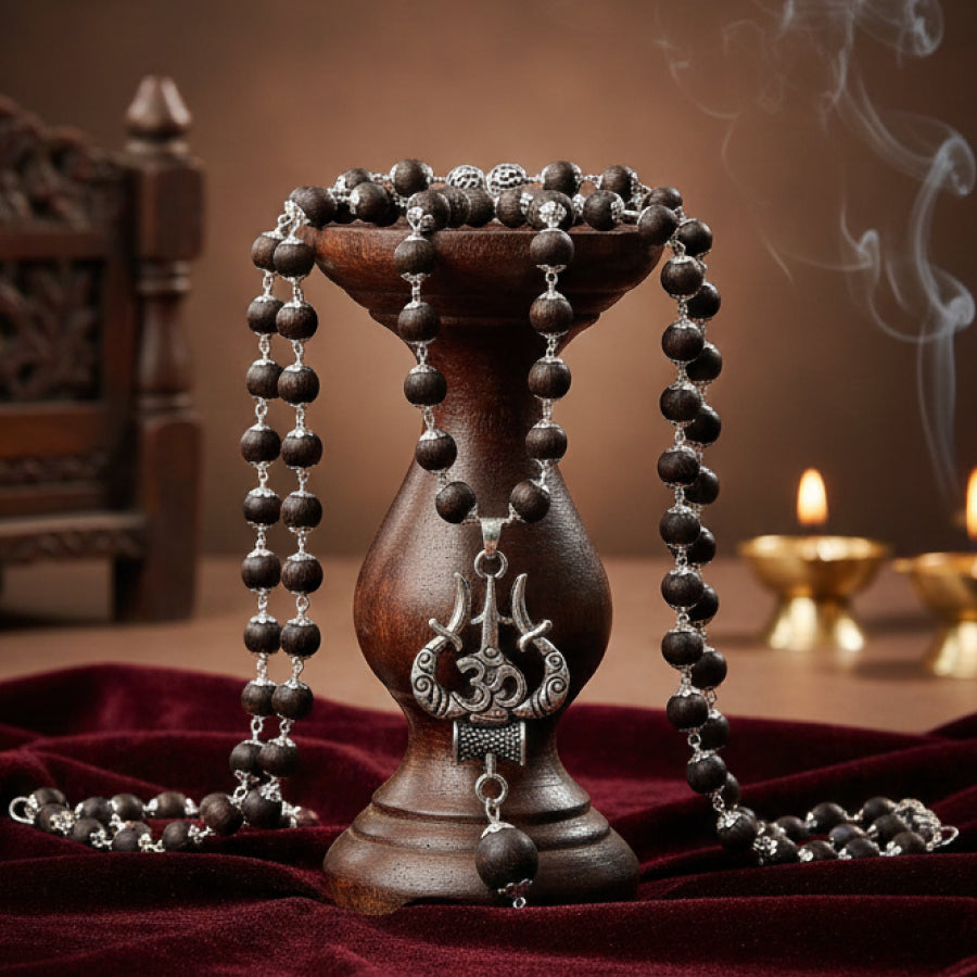 Karungali Silver Cap Mala with Om Shiva Trishool Pendant