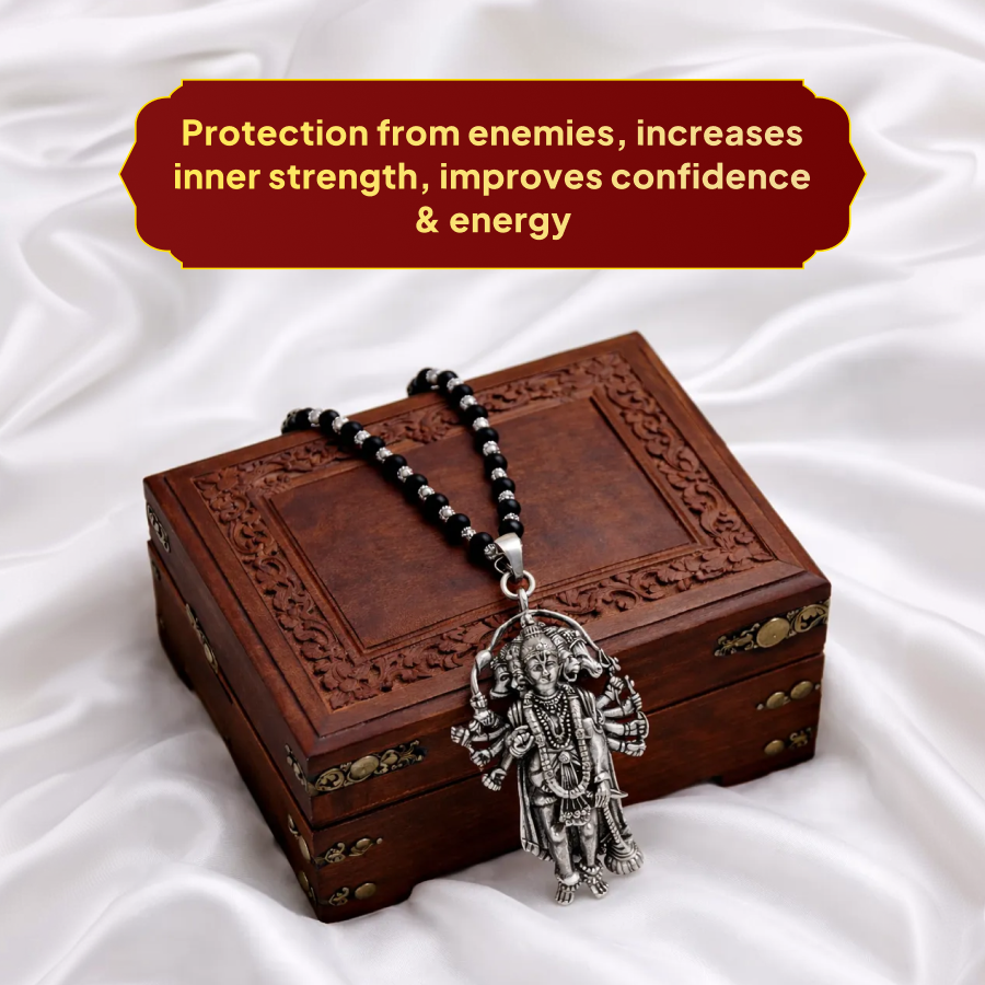 Karungali Silver Cap Mala with 5 Mukhi Hanuman Pendant
