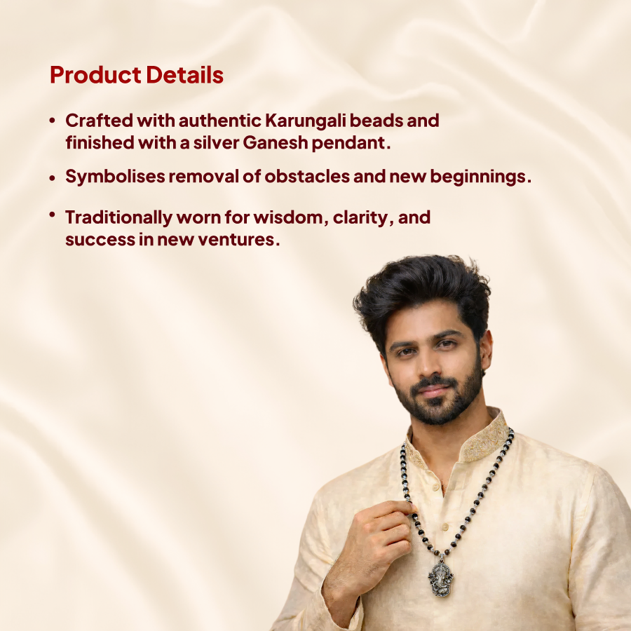 Karungali Silver Cap Mala with Ganesh Pendant