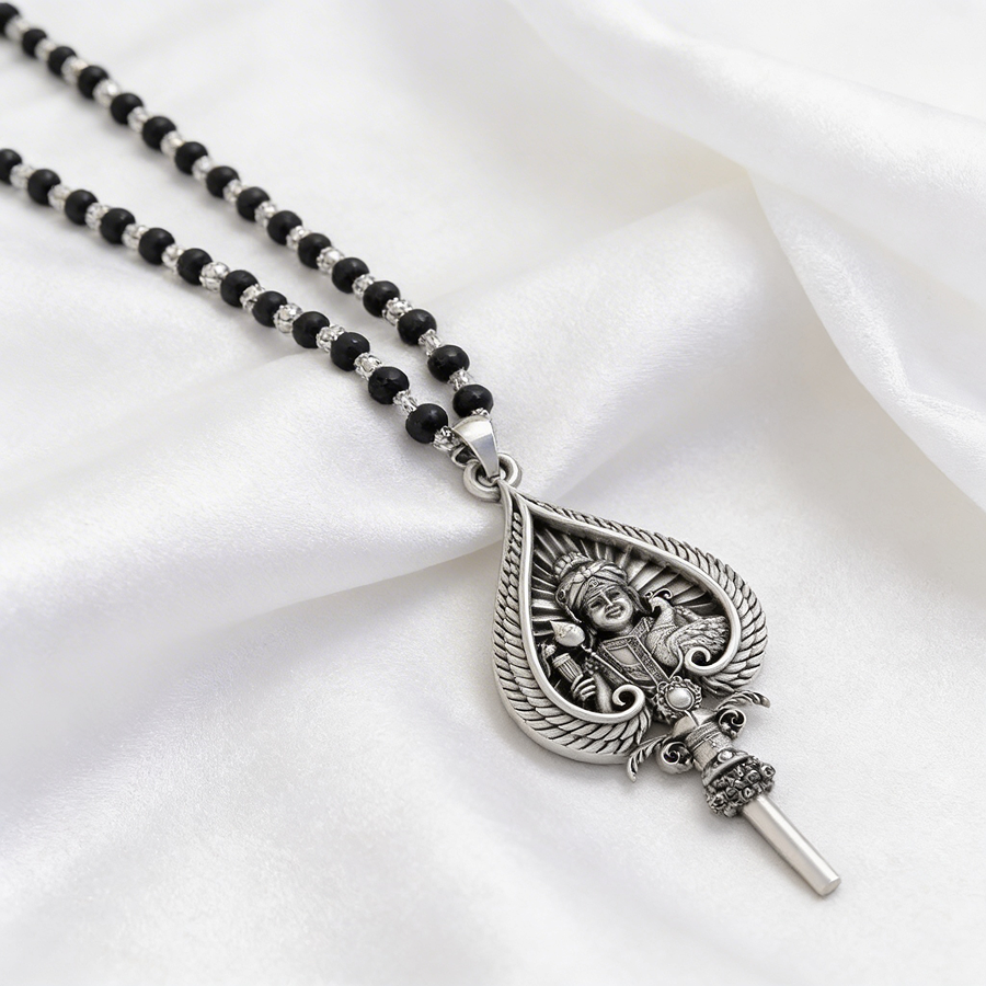 Karungali Silver Cap Mala with Murugan Vel Pendant