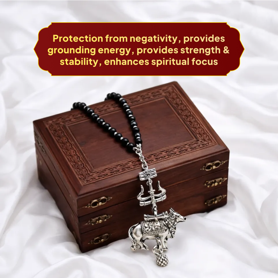 Karungali Silver Cap Mala with Shiv Nandi Trishool Pendant