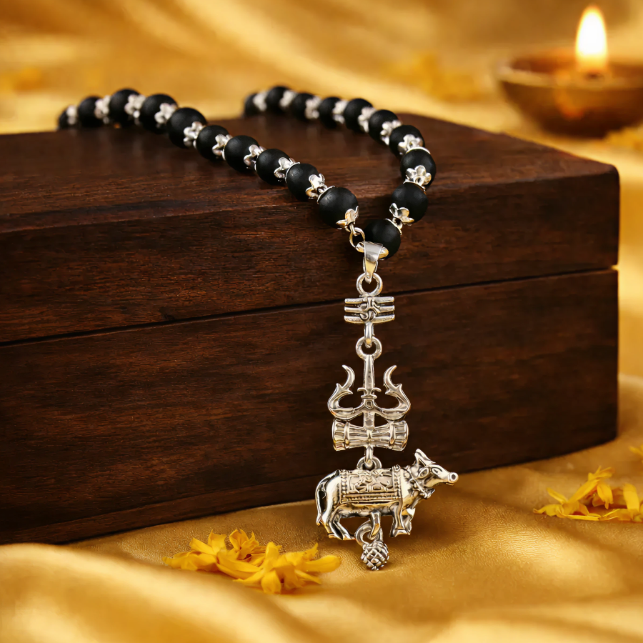 Karungali Silver Cap Mala with Shiv Nandi Trishool Pendant